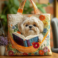 Ročno izdelana torba - Shih Tzu z knjigami in cvetjem