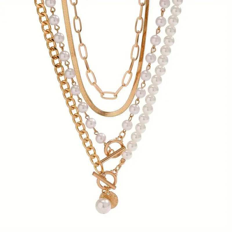 Set de Collar de Cadena de Serpiente con Perlas Vintage | Oro